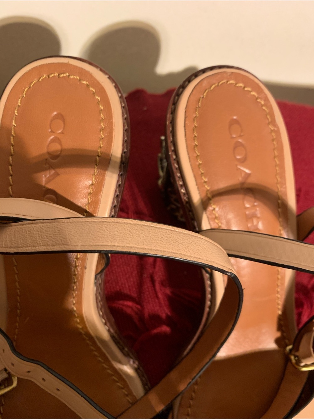 Coach Beige Leather Block Heel Sandals - Picture 3 of 11